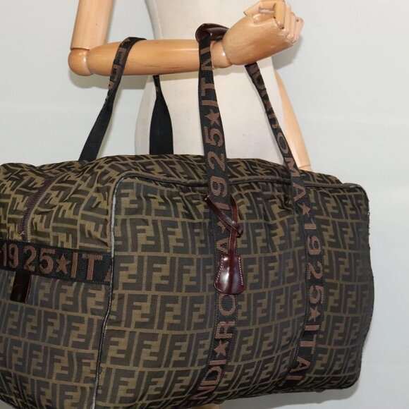 Fendi Handbags - FENDI Zucca Canvas Boston Bag Brown Black Auth BA4042